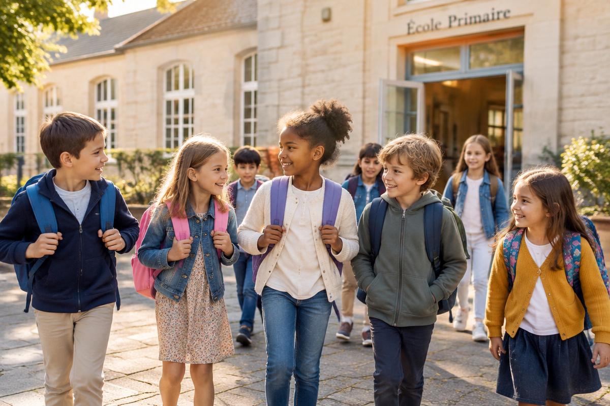 Élèves avec leurs cartables se dirigeant vers l'école le jour de la rentrée