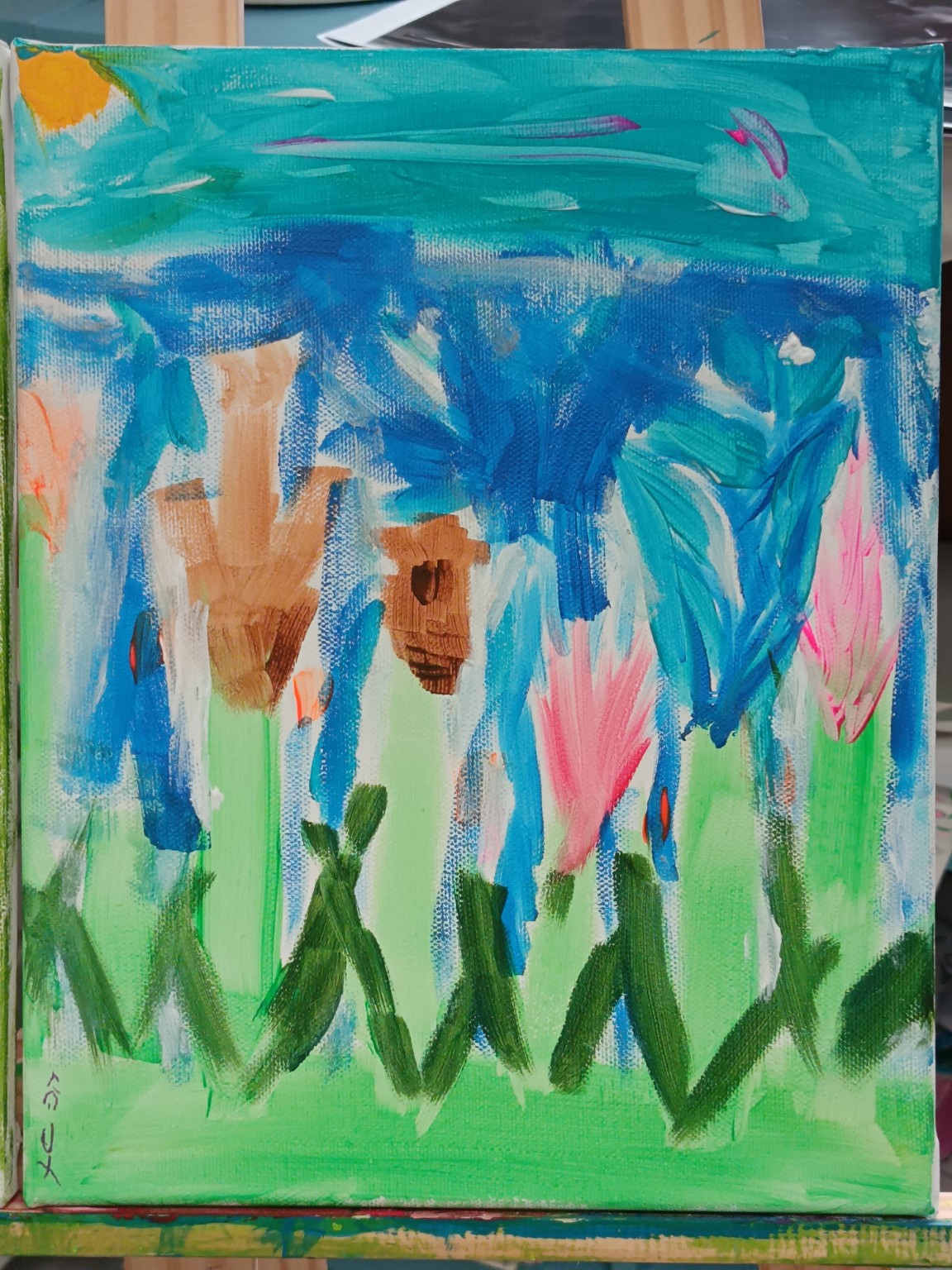 Création d'élève — paysage bleu, rose et vert
